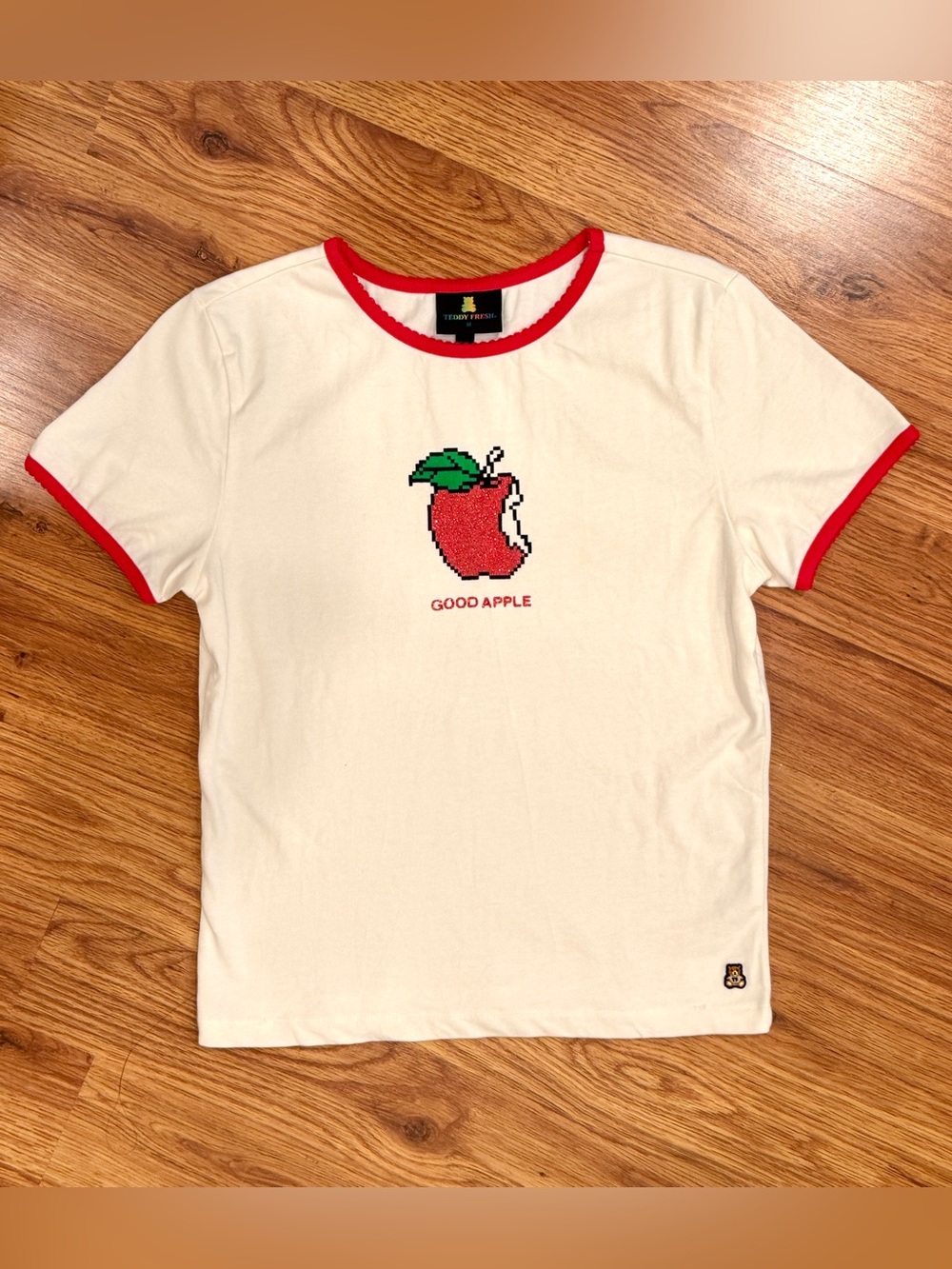 Teddy Fresh "Good Apple" Fitted Glitter Ringer Baby Tee, M